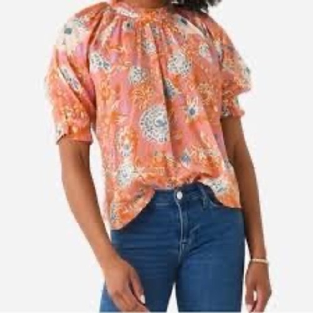 Birds of Paradis by Trovata Floral Blouse Pink Orange Cotton Puff Sleeve Large